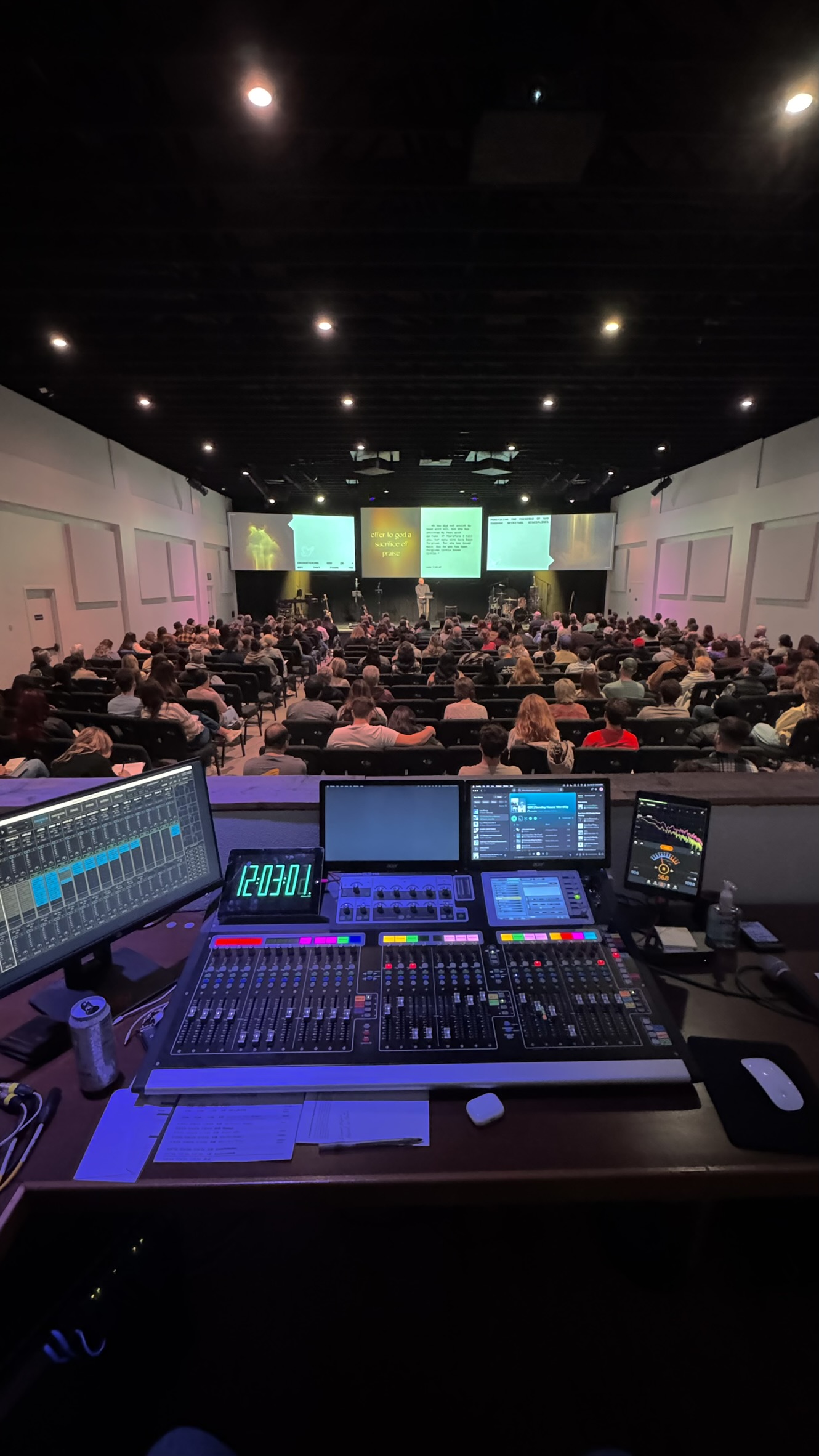 Front-of-house mixing console during a Sunday service